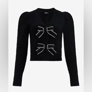 Express Embellished Bow V-Neck Cardigan- Black - Size XS
